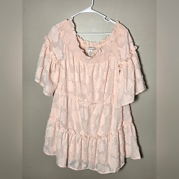 A. Calin Fyling Tomato Off Shoulder Boho Cottagecore Peasant Tiered Dress, Large - Picture 2 of 4